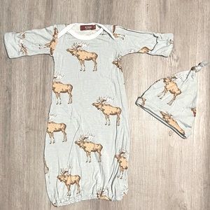 Milkbarn Bamboo Baby Pajama Gown & Hat 0-3M Blue + Elk